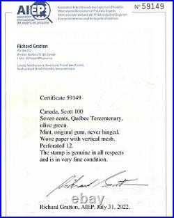Canada #100 Very Fine Mint Never Hinged With Certificate